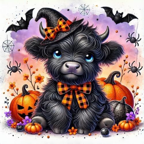 Image of Eterkosu Halloween Cow Stamped Cross Stitch Embroidery Kits Arts and Crafts | Pumpkins Needlepoint Counted Cross Stitch Kits for Beginner Adult Crossstitching Printed Dimensions Patterns Stitch