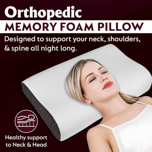 Image of KITCHIVO Memory Foam Pillow, Contour Cervical Orthopedic Memory Foam Pillows Supports Neck Pain and Shoulder Pain for Sleepin Cervical Pillow Neck Support Pillow for Side Back (White & MARUN)