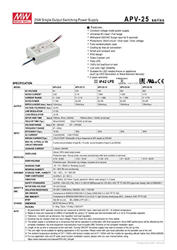 Image of APV-25-36 Mean Well 36V 0.7A 25W Single Output Constant Voltage LED Switching Power Supply LED Driver Pass LPS IP42 AC to DC