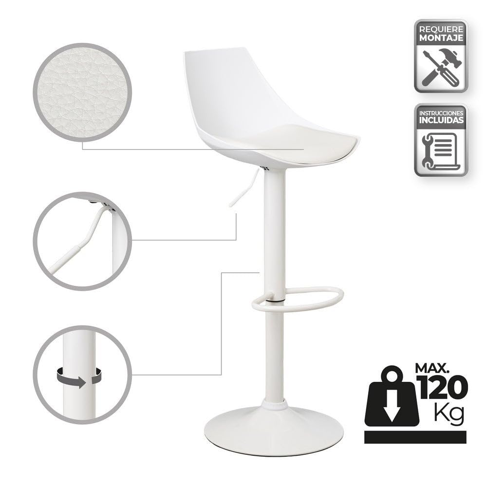 2 taburetes de cocina regulables en altura blancos con respaldo alto | Asiento acolchado y tapizado en poliel. Respaldo alto rígido. Altura ajustable de 83 a 104 cm. Resiste hasta 120 kg