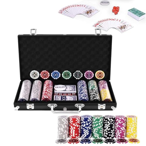 RELAX4LIFE Pokerset Pokerkoffer mit 300 Poker Chips, 2 Kartendecks, Händler & 5 Würfel, Kartenspiel für Partys & Picknick & Ausflug, Ink. abschließbares Poker Koffer aus Alu (Schwarz)