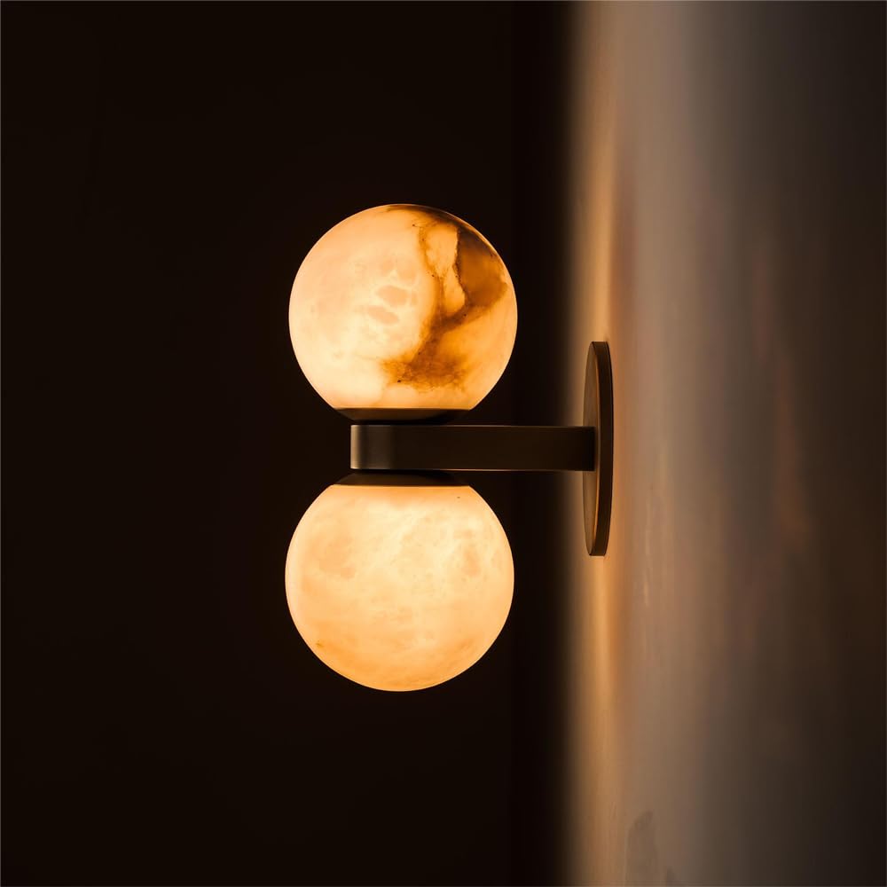 HUAYUSEDF Natural Alabaster Wall Sconces with 2 Balls Marble Sconce Globe Lighting Gold Modern Bathroom Vanity Light Fixtures 3000K Lights for Living Room Stair Wa