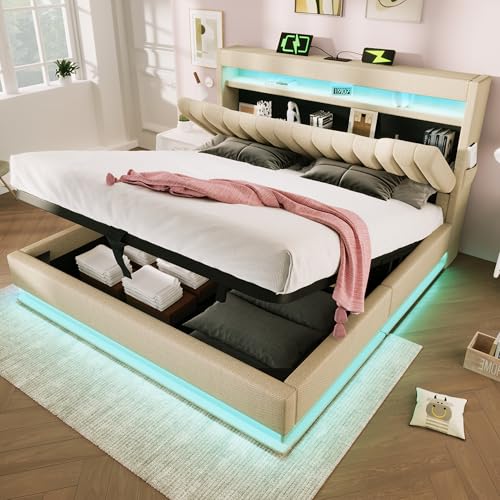 Cama tapizada hidráulica cabecero de almacenaje con Puertos USB y Tipo-C Bed Doble King Size con iluminación LED Camas de almacenaje Caja Ropa beds de Invitados Beige sin colchón 180x200 cm