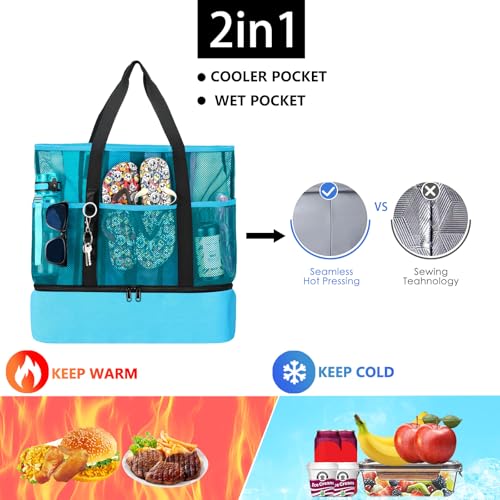 Image of Beach Bag with Cooler,Mesh Beach Bags for Women Sandproof for Pool and Swimming Travel Daily with Durable 8 Pocket