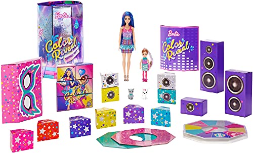 Barbie GXJ88 - Color Reveal Überraschungsparty, +50 Überraschungen: 1 Puppe, 1 Chelsea Puppe, 2 Tiere, 6 Farbwechsel, Zubehör & mehr, Tanzparty Set, Spielzeug Geschenk für Kinder ab 3 Jahren