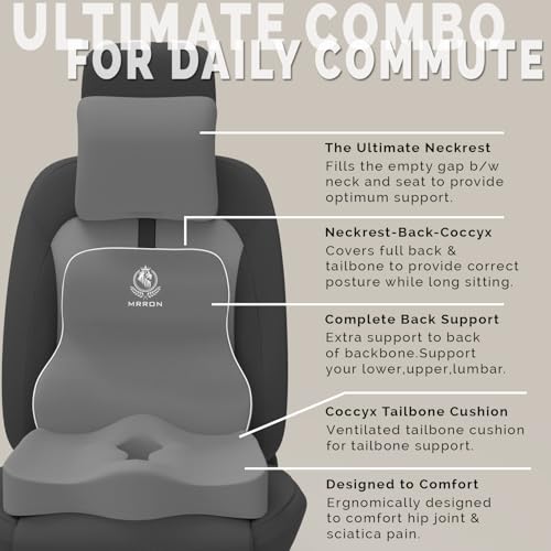 Image of MRRON Memory Foam Posture Corrector Car Seat Cushions Combo | Orthopedic Backrest, Coccyx Cushion & Neckrest | Ergonomic Lumbar Comfort Seat Cushion | Reduces Sciatica, (Grey, Long Back)