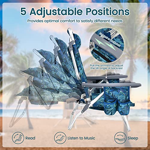 Image of Tangkula Set of 4 Backpack Beach Chair, 5-Position Lay Flat Beach Chairs with Cooler Bag, 2 Cup Holders, Towel Bar, Lightweight Low Folding Beach Chair with Backpack Straps, Navy