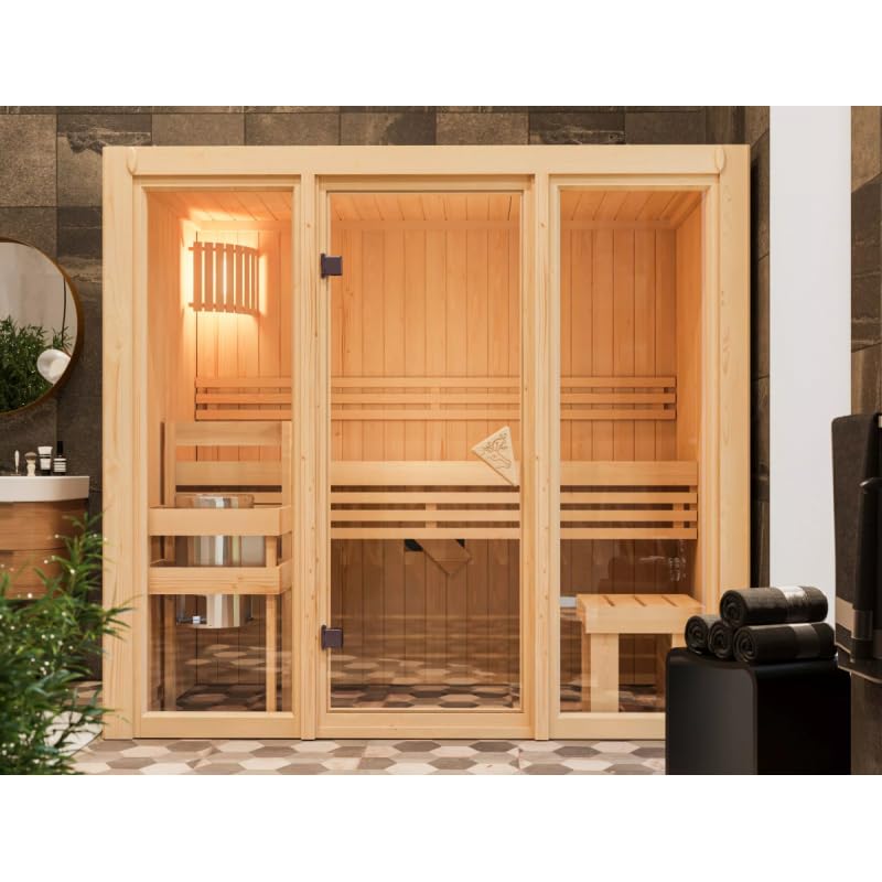 Karibu Avari 2 | Sauna Intérieur Traditionnel 2-3 Places | Bois Massif, Parois 68mm, Isolation Laine Minérale | Porte Vitrée, Banc en Tremble, Grille...