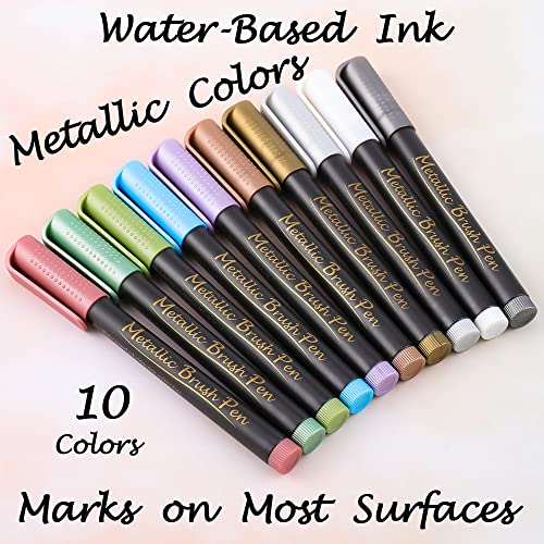 Dyvicl Metallic Brush Marker Pens - Metallic Pens Art Markers For Calligraphy, Brush Lettering, Black Paper, Rock Painting, Card Making, Scrapbooking, Fabric, Metal, Ceramics, Wine Glass, Set Of 10 #TOP1