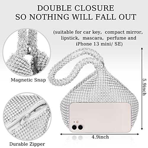 Junkin 5 Pcs Rhinestone Masquerade Mask Women Crystal Jewelry Set Glitter Purse Clutch Bling Necklace Bride Choker Bangle Bracelet Dangle Earrings Set for Women Party Wedding4