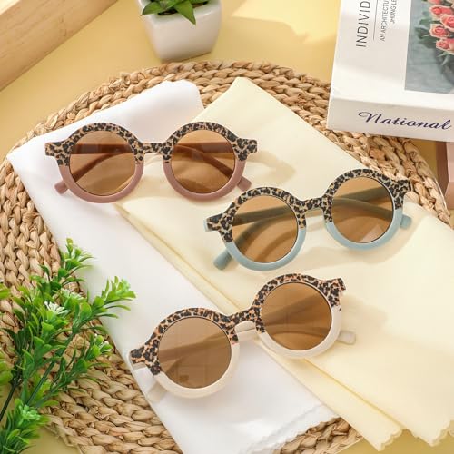 Whaline Sunglasses for Kids Round Leopard Print with 3Pcs Storage Bags Cute Eyewear UV 400 Protection for Summer Beach Party Photography Booth Prop Accessories (3 Pairs)4