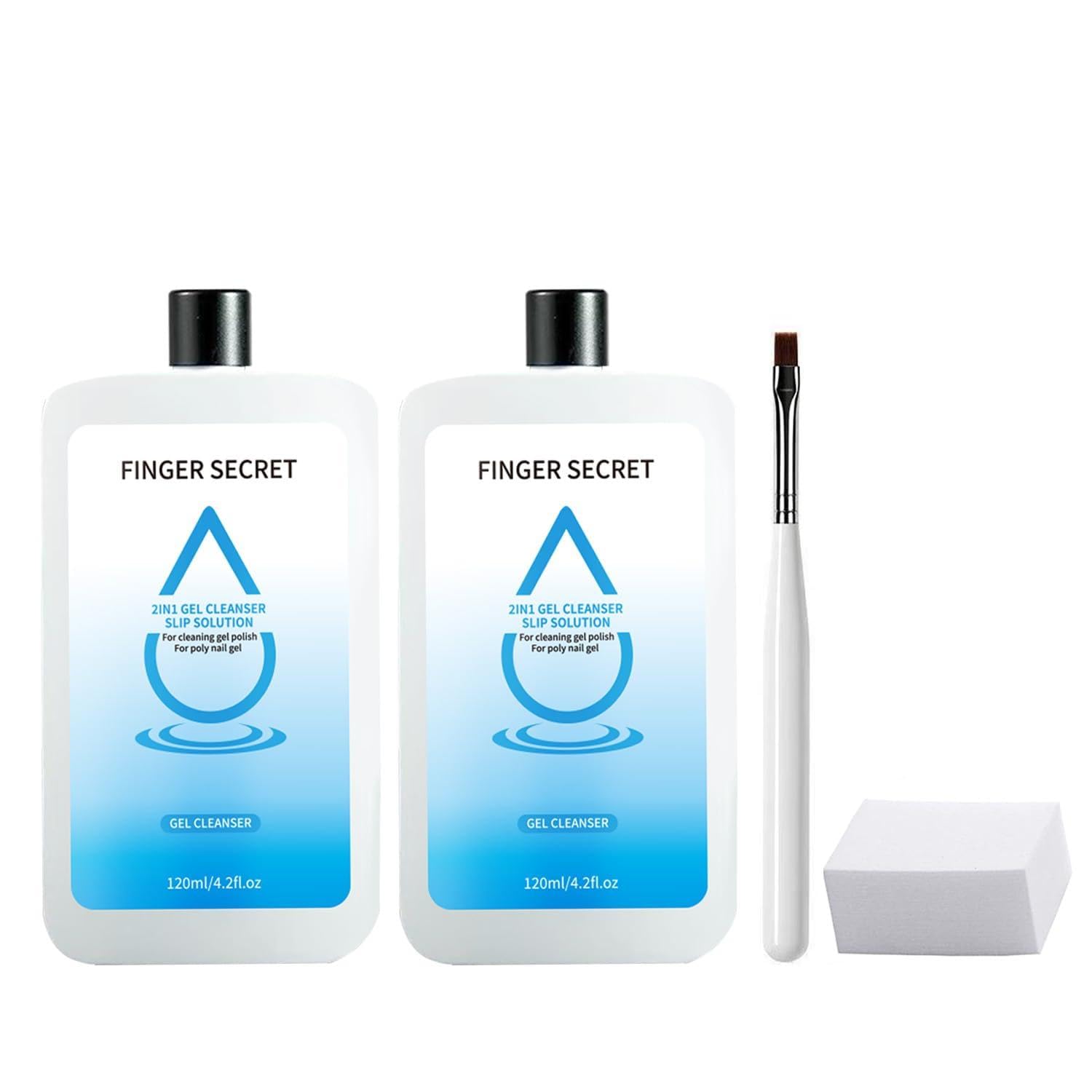 Finger Secret 2PCS 2in1 Slip Solution Kit For Poly Gel 120ml With Nail Brush Poly Set Professional Gel Cleanser for UV & LED Gels.Ideal for DIY Beginners and Nail Salon