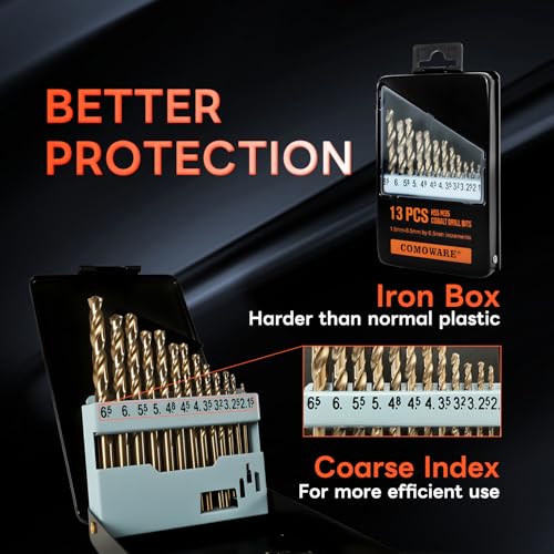 Image of COMOWARE Metal Drill Bit Set, 13-Piece HSS-E M35 Drill Bit Set Cobalt, 1.5-6.5 mm Drill Bit Set Spiral Drill Bit Professional for Metal, Steel, Iron Self-Centring for Metalworking Drill Accessories