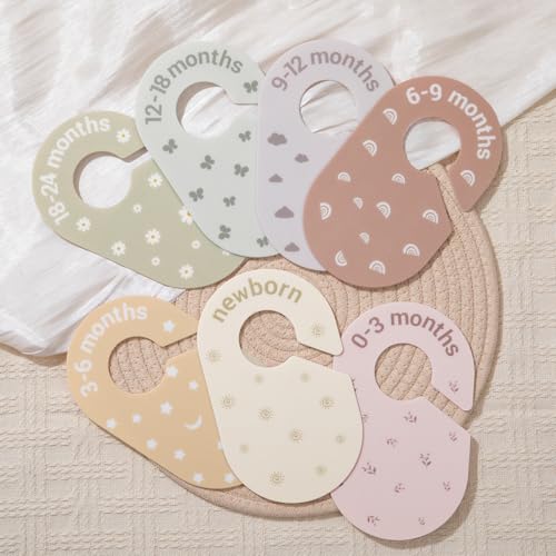 Image of Baby Size Clothes Dividers for Closet: Nursery Hanger Month Dividers for Clothing Organizer - Set of 7 Infant Age Separators from Newborn to 24 Months for Boho Room Decor
