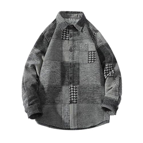 Image of FindThy Men's Plaid Brushed Flannel Jacket Long Sleeve Button Up Lapel Color Block Patchwork Houndstooth Shirt Shacket(1745-GreyA1-L-LB)