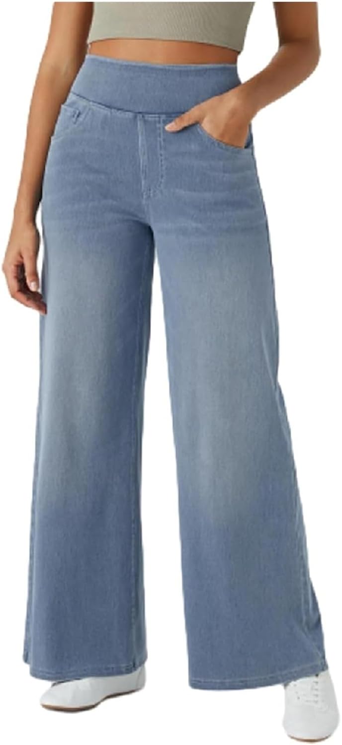 Pull Up Jeans, Stretch Jeans, High Waisted Stretchy Pull On Wide Leg Denim Pants with Pocket