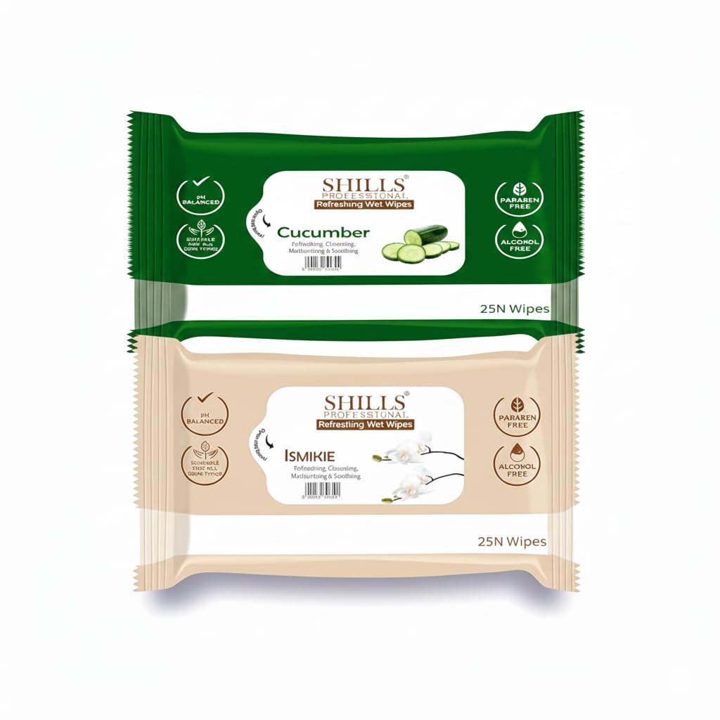 SShills Professional Refreshing Wet Wipes – Cucumber & Jasmine | Paraben Free | Alcohol Free | Soft, Moisturizing & Soothing Wet Tissues | Suitable for All Skin Types | 25N Each (Pack of 2)-image-42