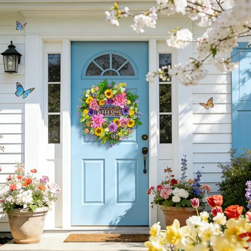 Image of Spring and Summer Wreaths for Front Door 24 Inch Summer Wreath with Lifelike Sunflower,Pink and Purple Dahlia Spring Door Wreath with Welcome Sign,Outdoor Decor