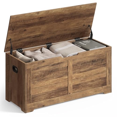 VASAGLE Coffre de Rangement, Banc à Chaussures, avec 2 Charnières de Sécurité, Imitation Grange, 40 x 100 x 46 cm, pour Entrée, Couloir, Chambre, Salon,...