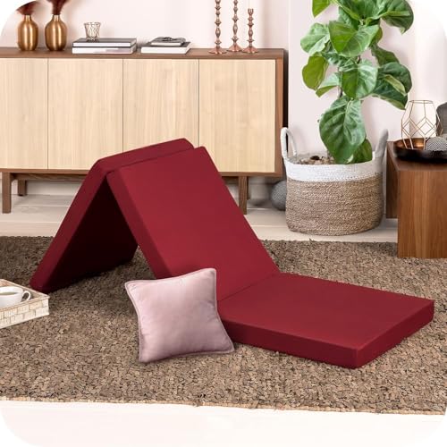 Image of ATOOTFUSION Maroon Colored 3 Fold Tri Folding Medium Hard EPE Foam 2 Inch Thickness Floor Light Weight Foldable Movable Cot Mattress, Bed Mattress for Travel, Picnic, Yoga Mat (72X35X2 Inches)