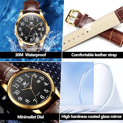 Image of OLEVS Watch Men Mens Watches Watches for Men Leather Band Classic Brown Leather Watch Men, Analog Watch Men, Black Mens Leather Watch, Dress Waterproof Large Face Mens Watch,Relojes para Hombres Watch