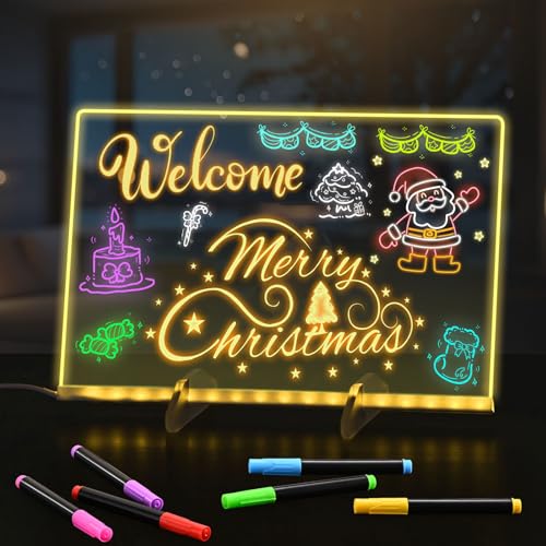 BlueSwan LED Drawing Board for Kids, Acrylic Glow Note Board with 7 Color Light Modes, Complete Kit with 12 Pens, Stand & Hanging Chain, 30x20cm Doodle Glow Message Board, Home School Cafe Party