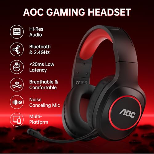 Image of AOC Bluetooth Gaming Headset with Mic for PC, PS5 /4, Nintendo Switch, 2.4GHz Wireless Gaming Headphones with RGB, USB-C, 7.1 Virtual Surround 20ms, Latency, 45H Playtime- Red