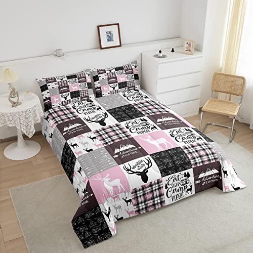 Rustic Deer Elk Comforter Set For Teens Adult,Pink Grey Plaid Check Patchwork Bedding Set Queen,Jungle Hunting Animal Duvet Insert,Happy Camping Down Comforter With 2 Pillowcases Home Room Decor #TOP2