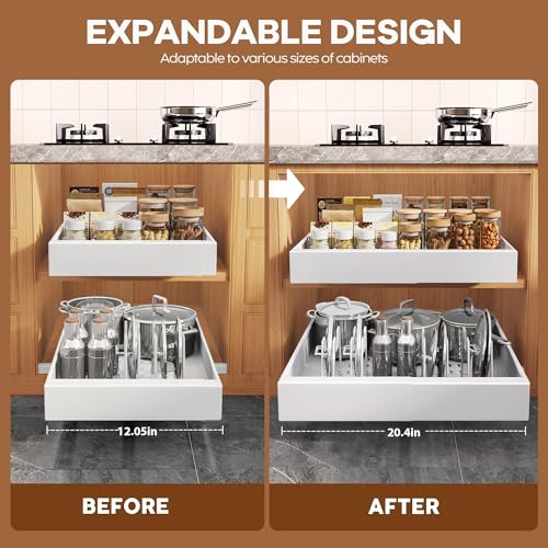 4Pack Expandable Pull Out Cabinet Organizer 21"Deep with Raising Pad for Framed Cabinets,Slide Out Drawers with 4pcs Divider Racks,Roll Out Shelves Adhesive,Adjustable Width 12.05"-20.4"White