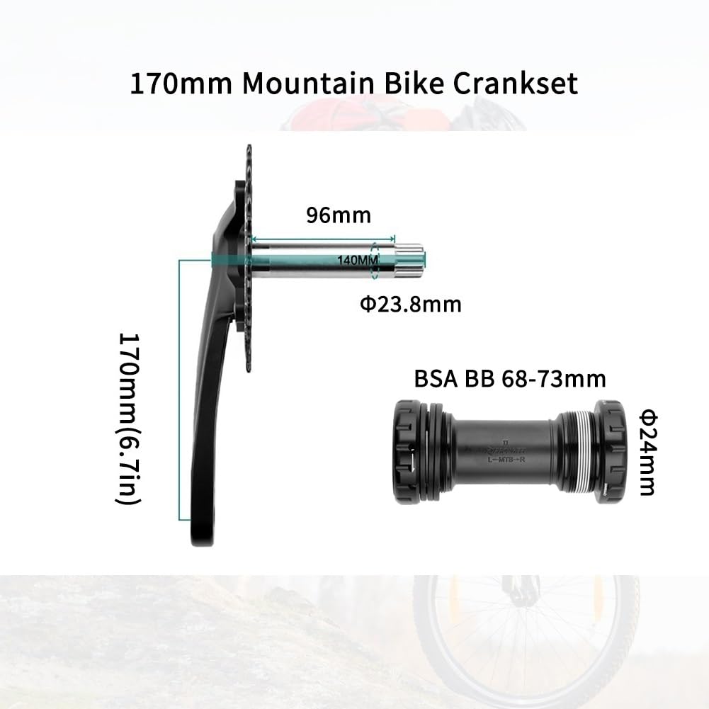 Guarnitura per mountain bike a velocità singola da 170 mm, guarnitura cava integrata 104 36T con corona rotonda e pedivella con movimento centrale BSA per 8/9/10/11/12 pollici in lega di alluminio