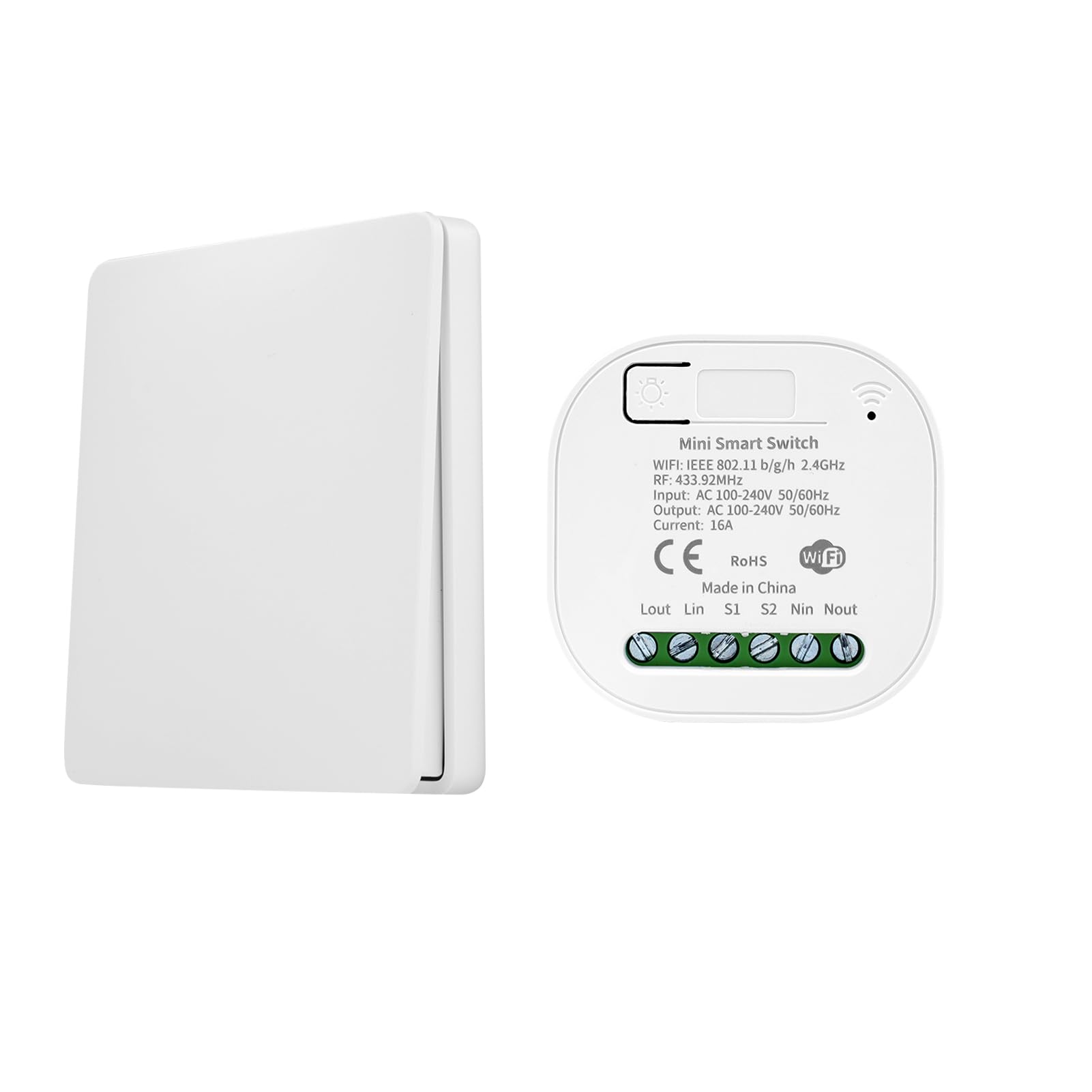 DEWIN Mini Interruptor Inteligente Wifi 16A Mini Smart Switch WiFi Receptor De Control Remoto De Relé RF Con 1 Interruptor De Pared Inalámbrico Compatible con Tuya, Smart Life