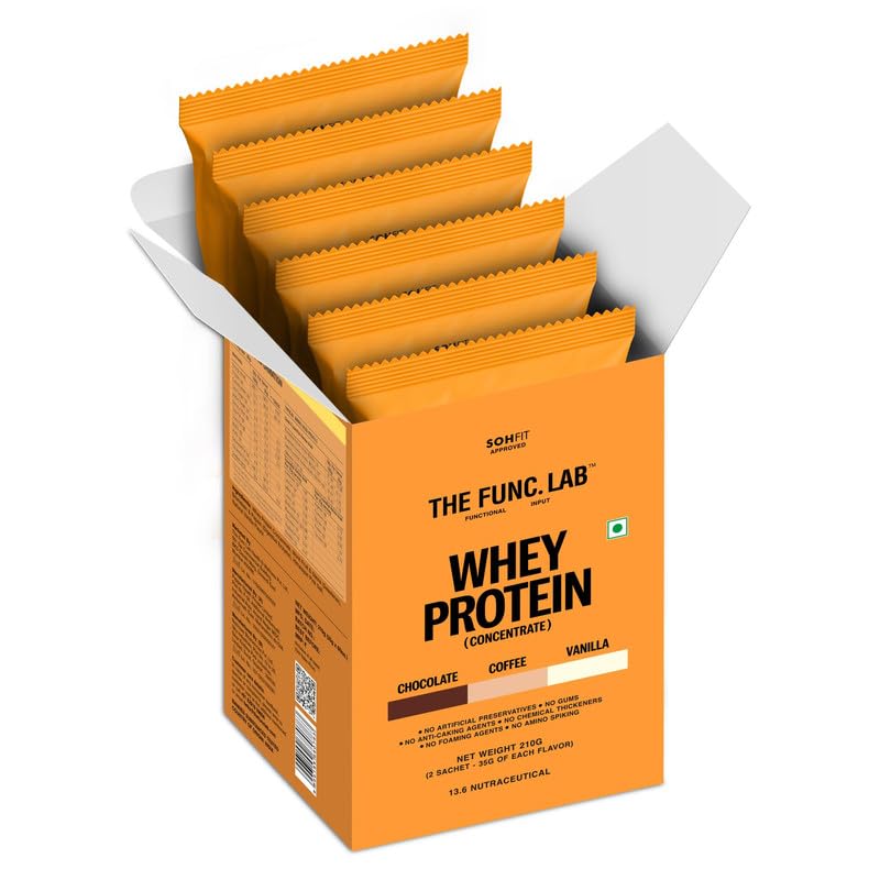 The Func. Lab Whey Protein Concentrate - Assorted Flavour Travel Packs | 6 Sachets(35g Each) | Grass‑Fed, 25-26g Protein per Scoop | High Protein Supplement with Digestive Enzyme for better Absorption-image-29