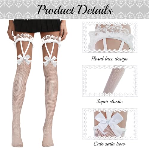 White Fishnet Thigh High Stockings with Bow, Women's Sexy Sheer Over the Knee Stockings, Stretchy Hollow Out Tights Pantyhose for Lingerie, Cosplay, Clubwear, One Size2