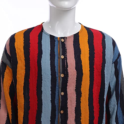 ODIZLI Mens Muslim Thobe,Men's Kaftan Robe V Neck Roll Up Long Sleeve Cotton Stripe Ultra Long Gown Thobe Shirts4