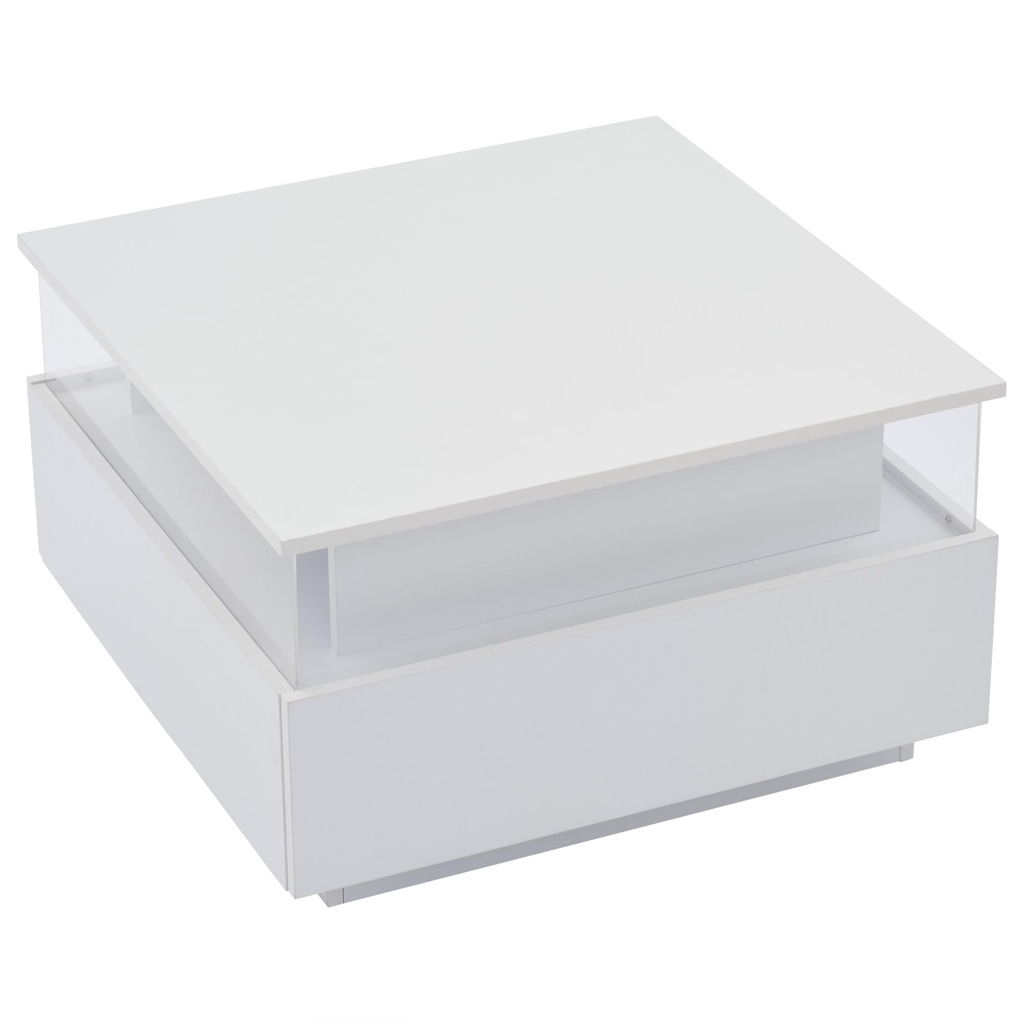 SACOOL Mesa de centro LED de 70 x 70 x 41 cm con 2 cajones y área de presentación transparente. Soporta hasta 30 kg, ideal para salas de estar elegantes