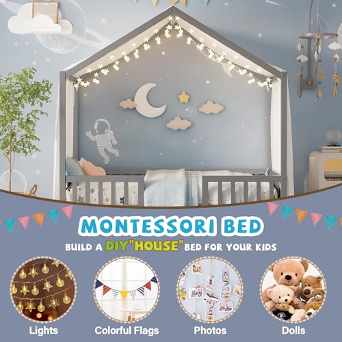 Image of Twin Size Wood House-Shape Platform Bed with Roof Frame and Canopy, Montessori Floor Bed with High Railings and Slat Support for Kids Girls Boys, No Box Spring Needed (Grey-05, Twin)