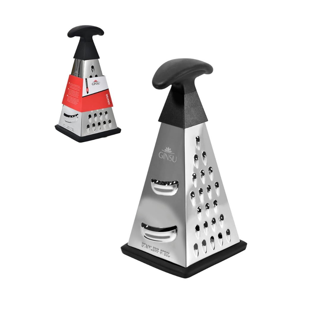 4-Sided Stainless Steel Box Grater, 8-Inch Multi-Function Shredder for Cheese, Vegetables, Spices & Chocolate, Pyramid Design with Non-Slip Base, Dishwasher Safe, Durable Kitchen Tool