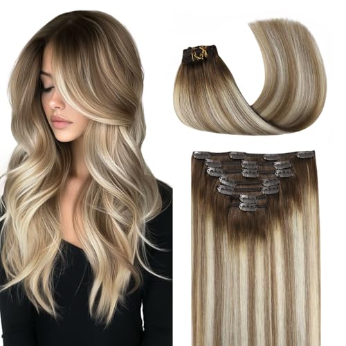 Image of COOKAYU Clip in Hair Extensions Real Human Hair, 18inch 120g 7Pcs 3 /8 /22 Walnut Brown to Ash Brown and Blonde Hair Extensions Clip in Human Hair Thick Silky Straight Extensions