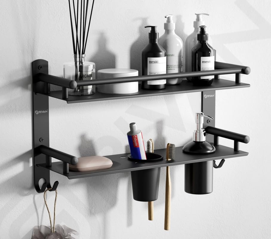 GRIVAN 6in1 Premium SS Shelf Racks Stand Holder Shelves with Soap, Toothbrush Holder and Liquid Dispenser for Bathroom Accessories and Fittings (Black Matte) (B0CRKYGV5P) Amazon Price History, Amazon Price Tracker
