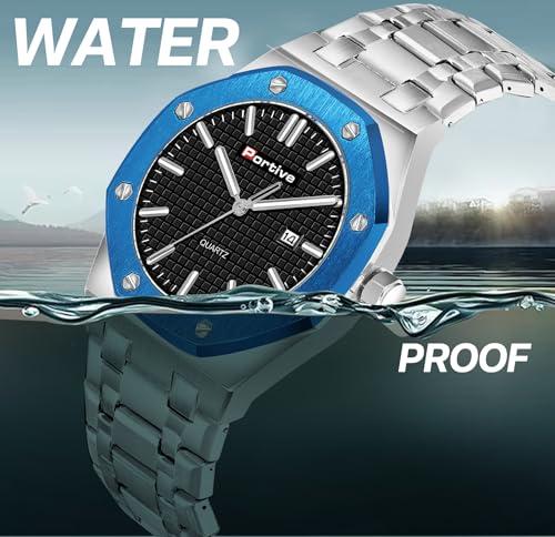 Image of Portive Quartz Watch for Men, Silver Stainless Steel Bracelet, Black Dial, Date Display, Octagonal Case