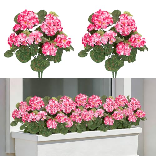 Laelfe Géranium Artificiel Rose Extérieur, 2 Bouquets Faux Geranium Fausse Fleur Geraniums pour Extérieur, Intérieur, Balcon, Jardinière, Maison, Jardin,...