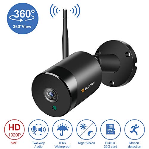 Jennov Überwachungskamera, kabellos, 5 MP, Zwei-Wege-Audio, 360 Grad, Panorama-Überwachungskamera mit Nachtsicht für Zuhause, vorinstalliert, 32 G Micro-SD-Karte