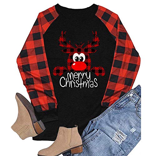 t Shirts for Women Plus Size Eashery Merry Christmas Hat Shirt Women Funny Christmas Stripe Long Sleeve O-Neck Splicing Tops T-Shirt Black