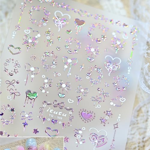 Image of Valentine's Nail Stickers Heart Nail Art Stickers Romantic Rose Gold with Bow Design Pink Nails Decals 5D Embossed Self Adhesive Nails Charms Supply for Women Manicure DIY Decoration