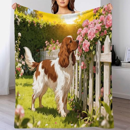 WXLWHR Manta Cocker Spaniel Inglés De Franela, Manta para Sofá con Diseño De Valla del Jardín, Acogedora, Esponjosa para Dormitorio, Sofá, Campamento 70x80inch(180x200cm)