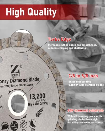 ZORUNNA 4.5 Inch Diamond Saw Blade for Angle Grinder, Turbo Rim Tile Cutting Blade for Cutting Cement, Concrete with Rebar, Stone, Granite, Pavers, Bricks and Blocks with 7/8-Inch Arbor(2 Pcs).
