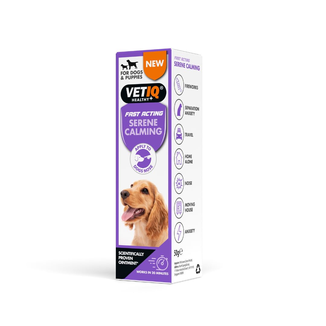 VetIQ Ungüento calmante Sereno (50 g) Productos calmantes para Perros para Fuegos Artificiales y ansiedad por separación, Alivio rápido de la ansiedad para Perros y Cachorros