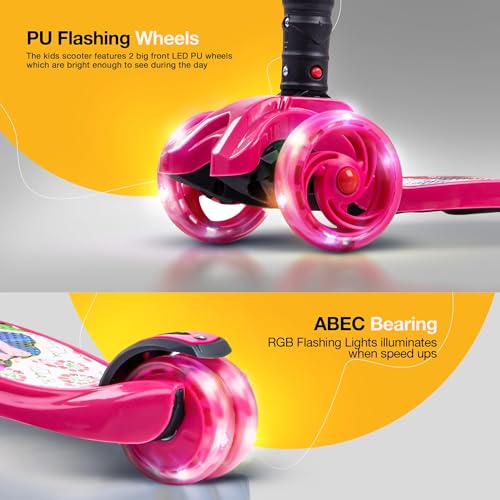 Image of Baybee Flash Kick Scooter for Kids | Smart Foldable 3 Wheel Kids Scooter with 4 Height Adjustable, LED PU Wheels & Brake | Skating Scooters Upto 75 Kg Capacity | Skate Scooters for Kid (Pink)