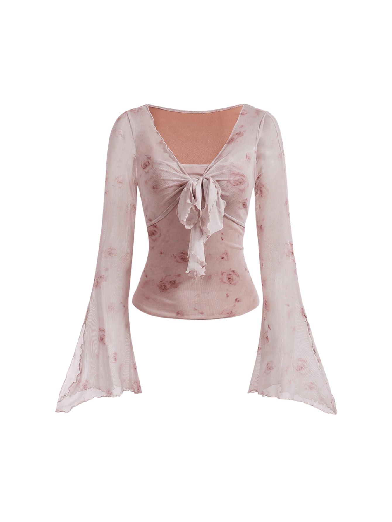 Verdusa Women's Y2K Tie Front Tops Bell Sleeve Floral Print Mesh Tops Long Sleeve Shirts 2000s Clothing: Medium Dusty Pink
