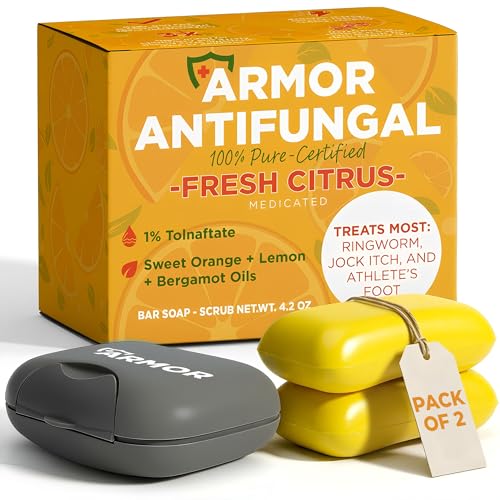 Image of Antifungal Soap with Lemon Oil 1% Tolnaftate for Jock Itch & Ringworm | Medicated Jock Itch Treatment Helps Fight Ringworm & Athlete's Foot 2 Cleansing Bars with Case Sweet Orange & Grapefruit Oils